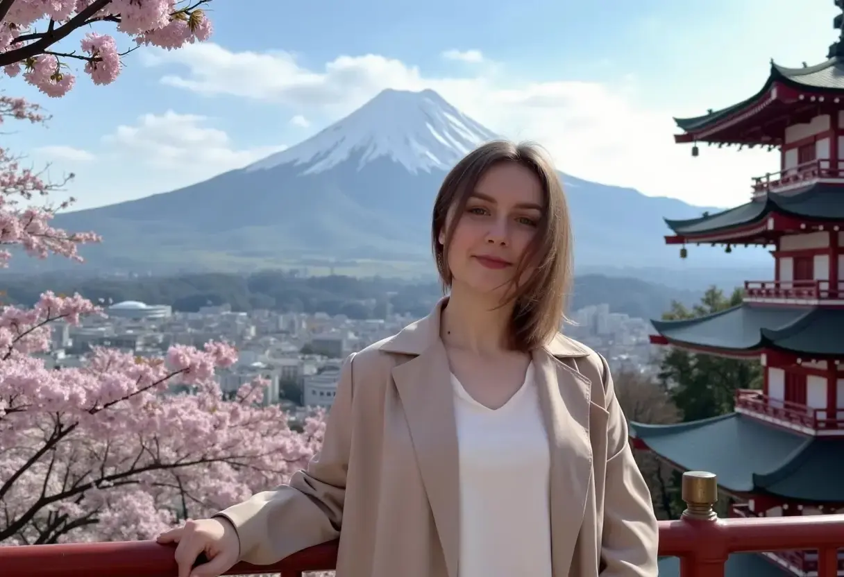 AI Travel Photo Generator: Cherry blossoms with Mt. Fuji in the background, Japan