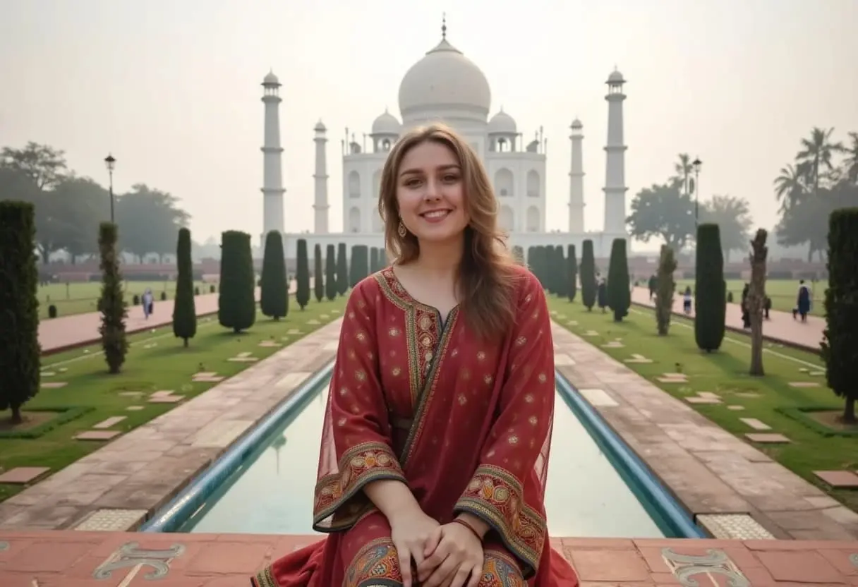 AI Travel Photo Generator: Morning reflection at the Taj Mahal, India